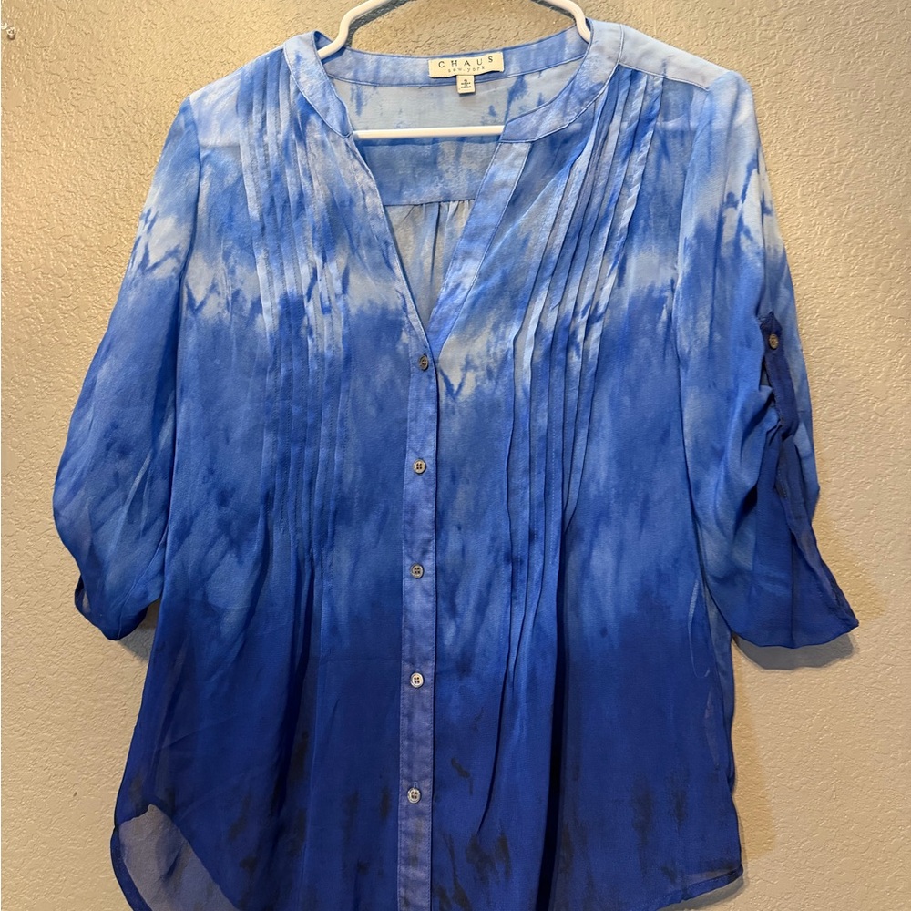 Chaus Blue Ombre Tie-Dye Button-Front Pintuck Blouse